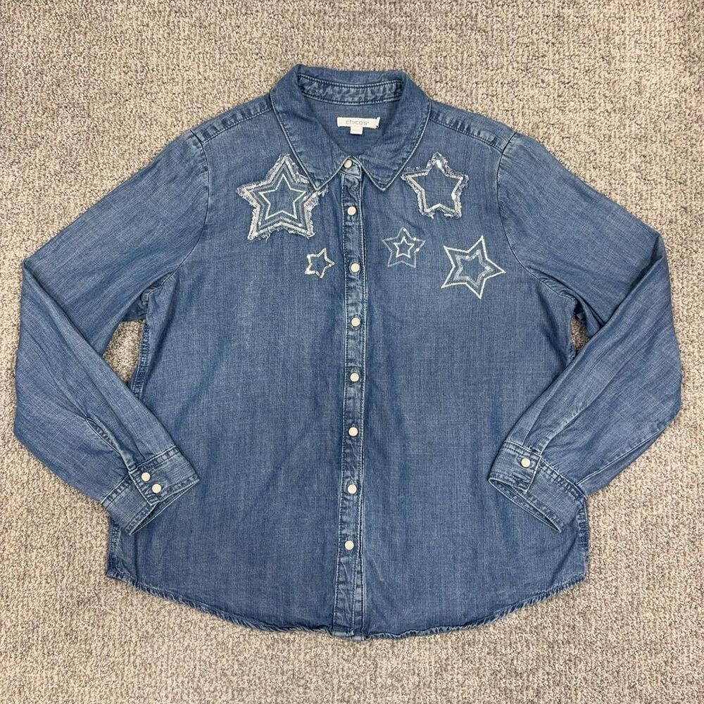 Chicos Shirt Womens 10 Blue Chambray Star Embroidered Button Sequins Casual